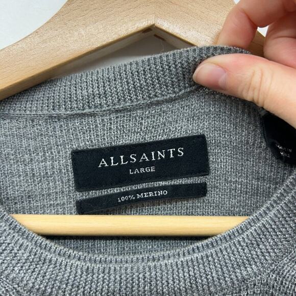 $159 All Saints Gray 100% Merino Wool Knit Crew Neck Ramskull Sweater Mens Large - Picture 7 of 7